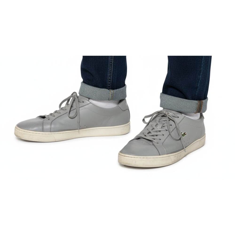 LACOSTE Shoes Challenge Mens 10 Grey Logo Leather Low Top Round Toe Sneakers